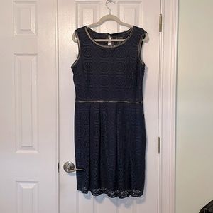 Navy Lace Dress with Vegan Leather Snakeskin Trim